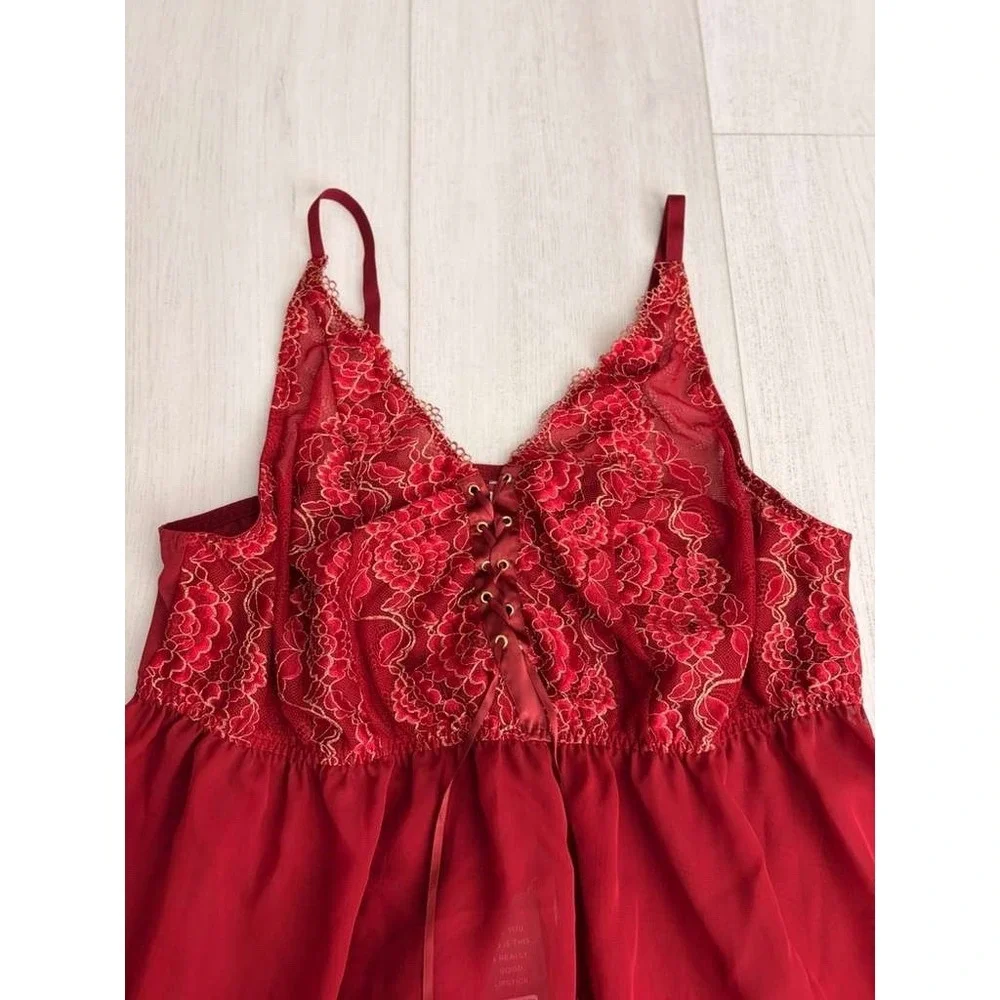NWT $56‎ Cacique Lingerie Lace Up Babydoll & Thong Set Sz 22/24 Red Sheer